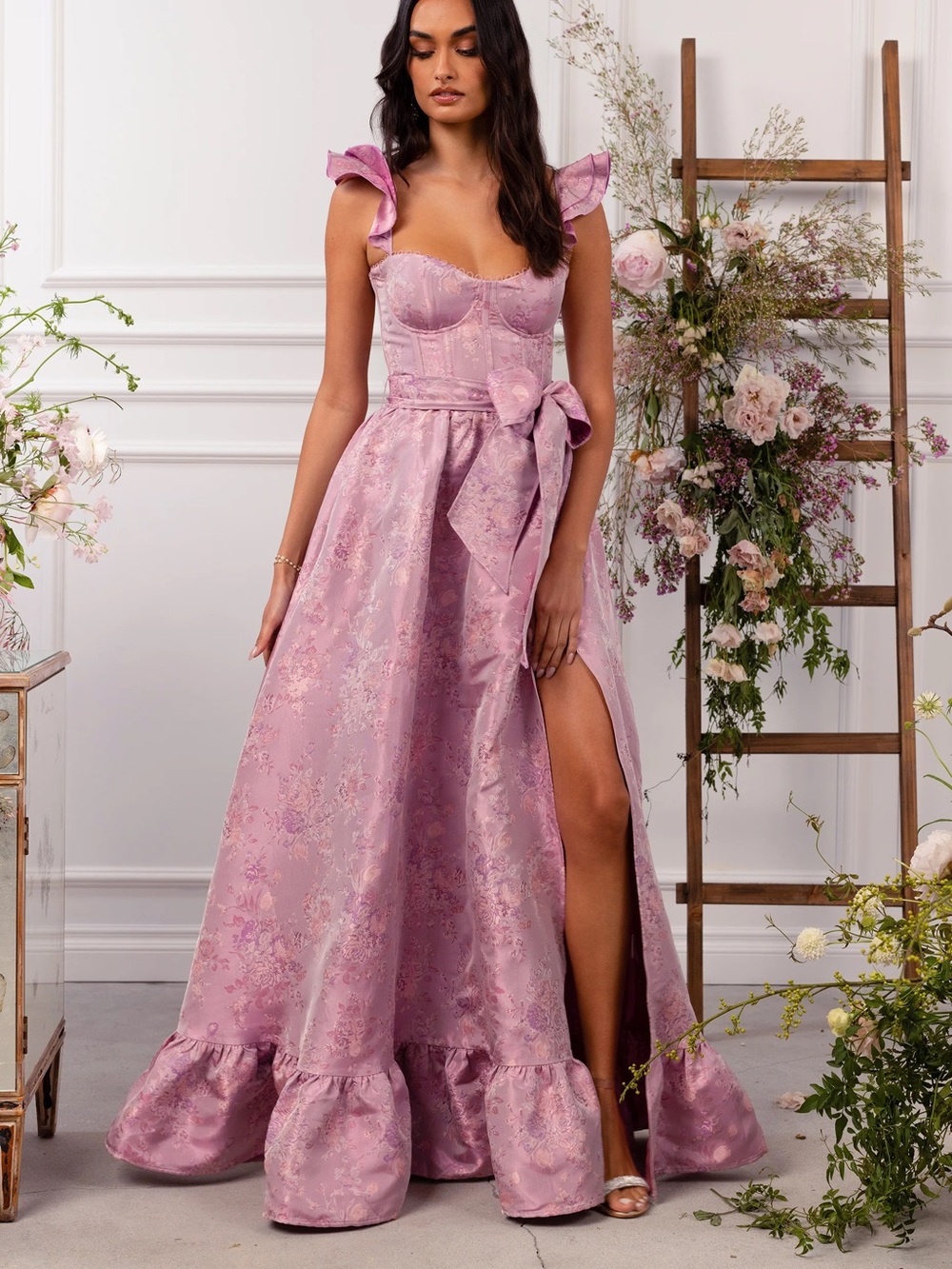V. Chapman The Veronica Rose Pink Brocade Ruffle-Strap Sash Maxi Dress Gown 4